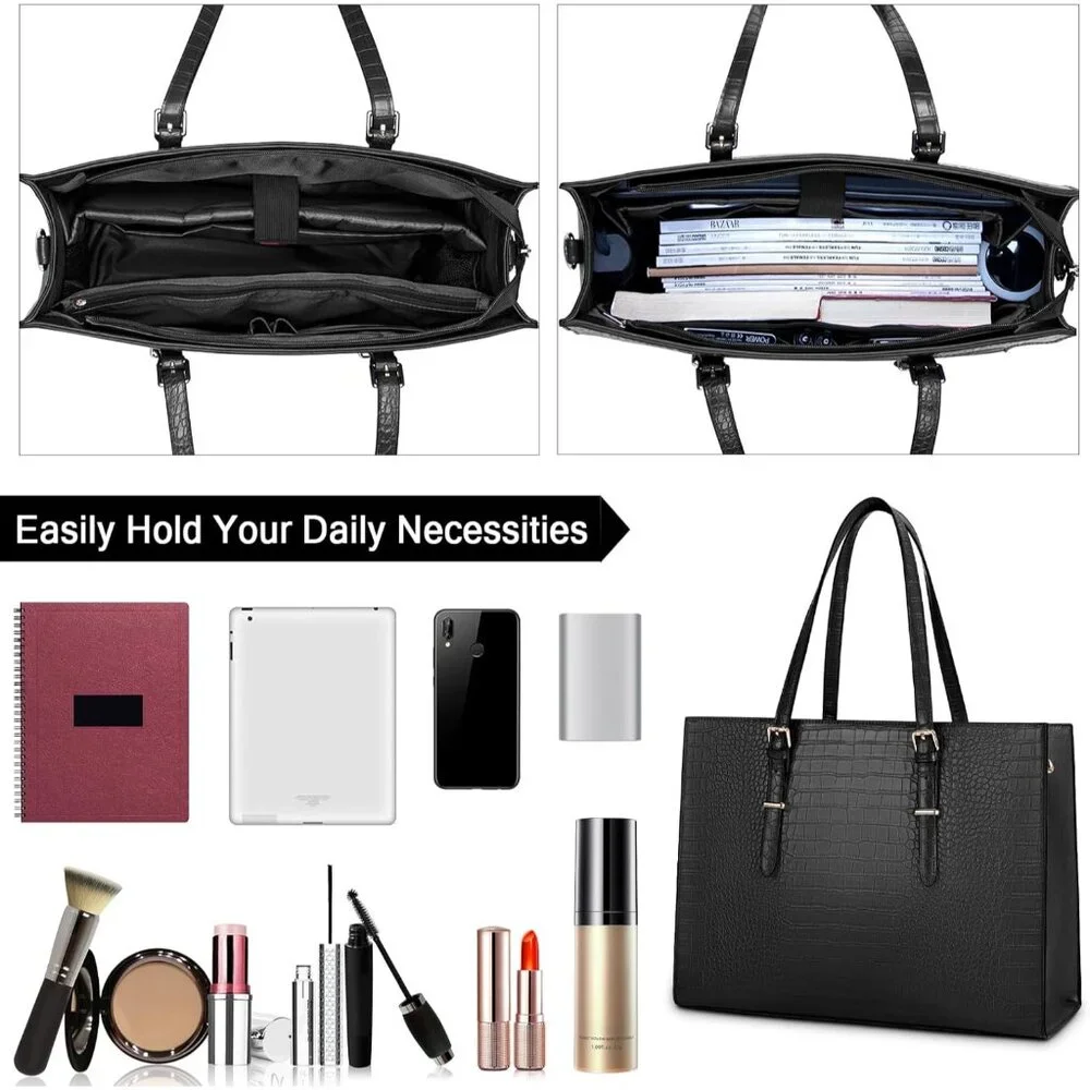 〽️Women Black Leather Waterproof Professional Shoulder Bag 15.6 Inch Laptop Bag